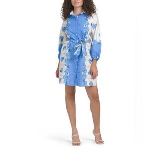 Celina Moon Shell Print Belted Shirt Dress Blue White Size Large NWT